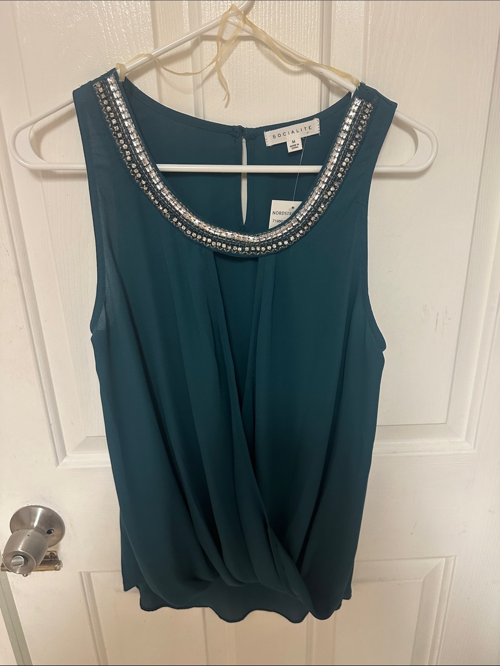 Socialite Teal Jeweled Neckline Sleeveless Blouse